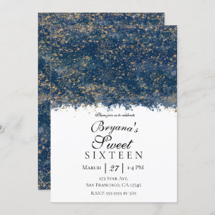 Convites Blue Dourado Splatter Modern Glam Sweet 16 Party