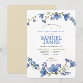 Convites Blue Dourado Wreath Santa Primeira Comunhão