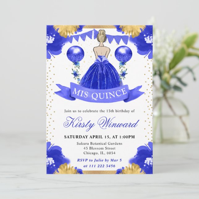 Convites Blue Dress Blone Haired Princess Quinceanera (Em pé/Frente)
