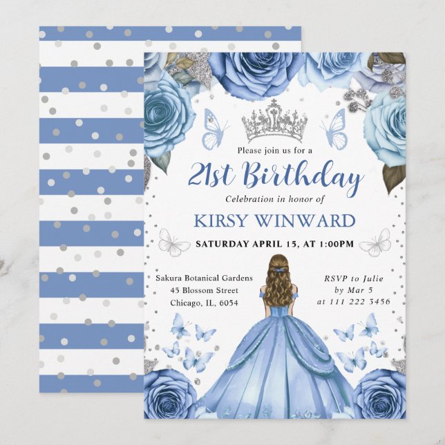 Convites Blue Dress Blonn Princess Birthday (Frente/Verso)