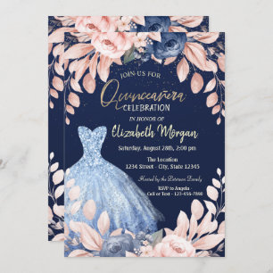 Convites Blue Dress Floral Quinceañera