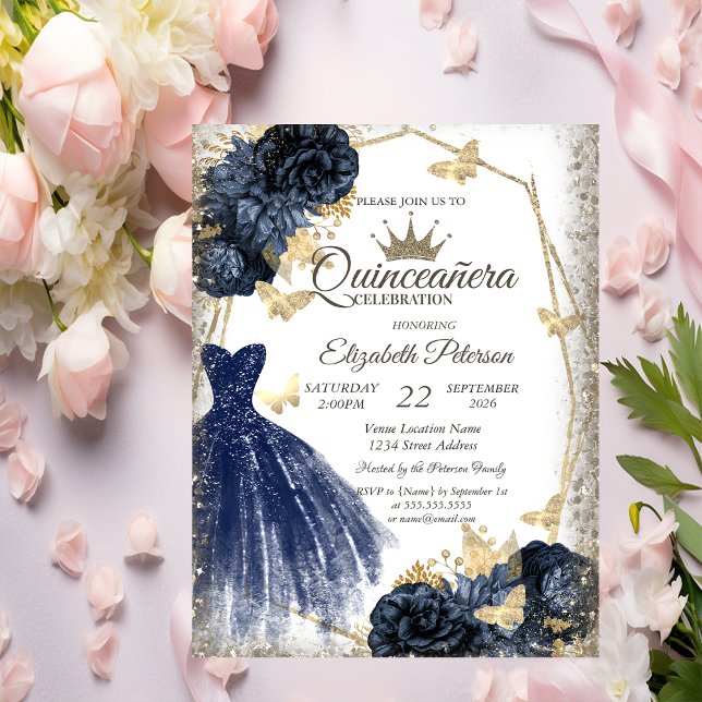 Convites Blue Dress,Roses,Gold Butterflies Quinceañera (Criador carregado)