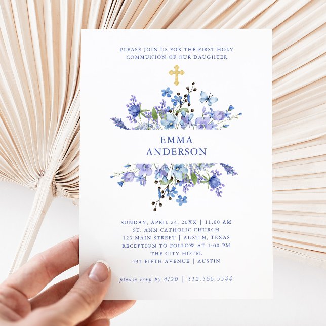 Convites Blue e Purple Boho | Floral Primeira Comunhão Sant (Criador carregado)