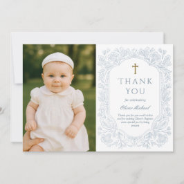 Convites Blue Elegant Floral Baptism Thank You Card