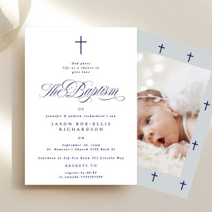 Convites Blue Elegant Marinho Cross Boy Fotografia Baptism