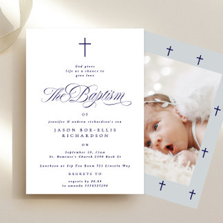 Convites Blue Elegant Marinho Cross Boy Fotografia Baptism 