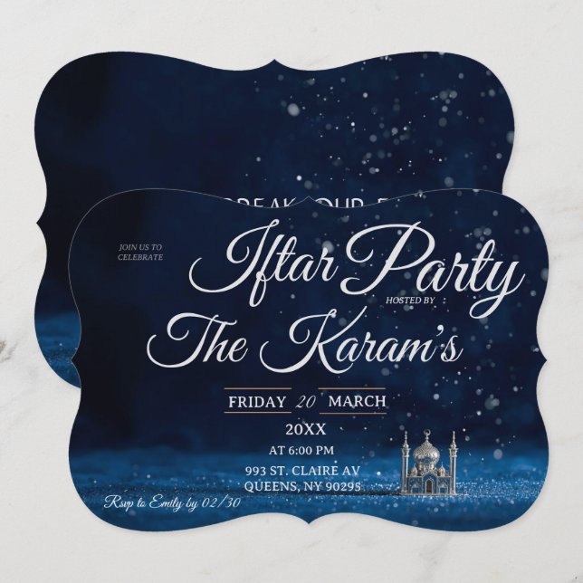 Convites Blue Elegant Mosque Ramadan Iftar Party  (Frente/Verso)
