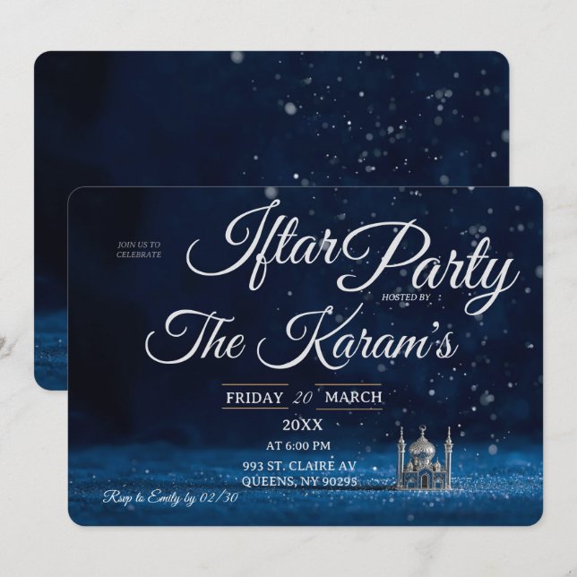 Convites Blue Elegant Mosque Ramadan Iftar Party  (Frente/Verso)