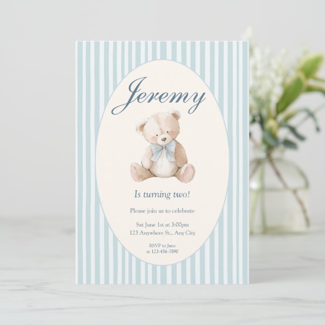 Convites Blue Elegant Teddy Bear Baby's First Birthday Invi (Em pé/Frente)