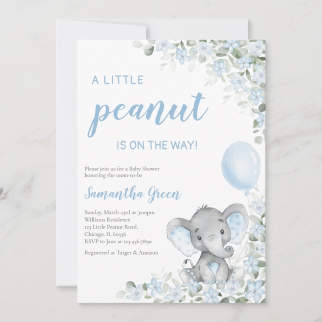 Convites Blue Elephant Baby Shower (Frente)