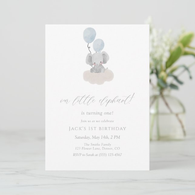 Convites Blue Elephant First Birthday Invitation  (Em pé/Frente)