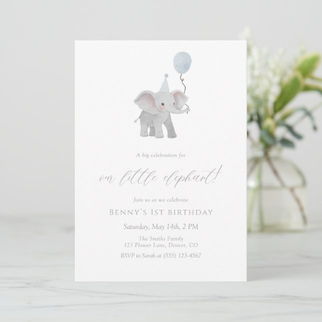 Convites Blue Elephant First Birthday Invitation Watercolor (Em pé/Frente)