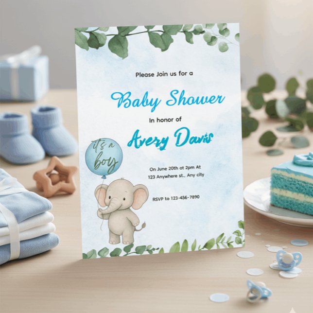 Convites Blue Elephant It’s a Boy Baby Shower Invitation (Criador carregado)