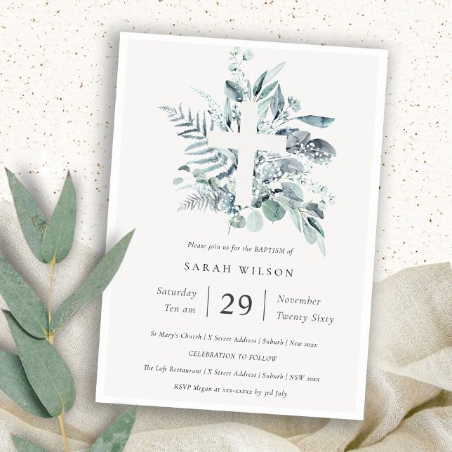 Convites Blue Eucalyptus Fern Foliage Cross Baptism Invite (Criador carregado)