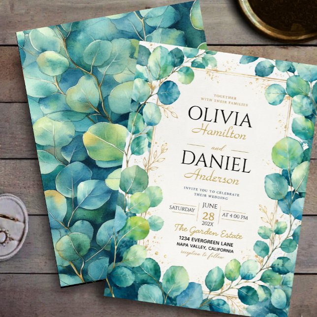 Convites Blue Eucalyptus with Gold Botanical Accents (Criador carregado)