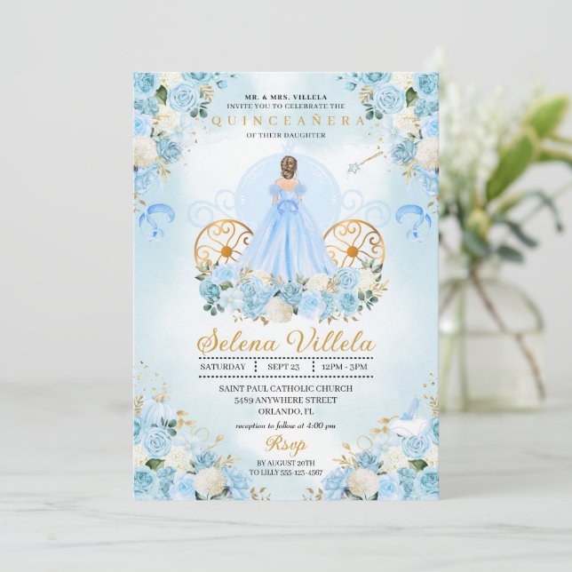Convites Blue Fairytale Cinderella Carruagem Quinceañera (Em pé/Frente)