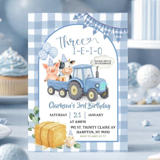 Convites Blue Farm Animals Three-i-e-i-o 3rd Birthday (Criador carregado)