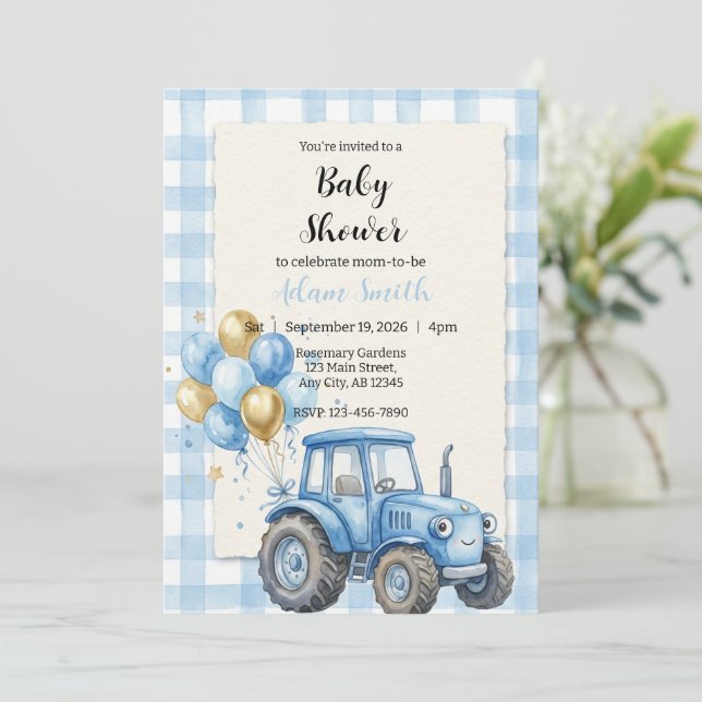 Convites Blue Farm Tractor Boy Baby Shower (Em pé/Frente)