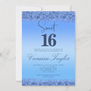 Convites Blue Faux Glitter Sweet 16 Aniversário