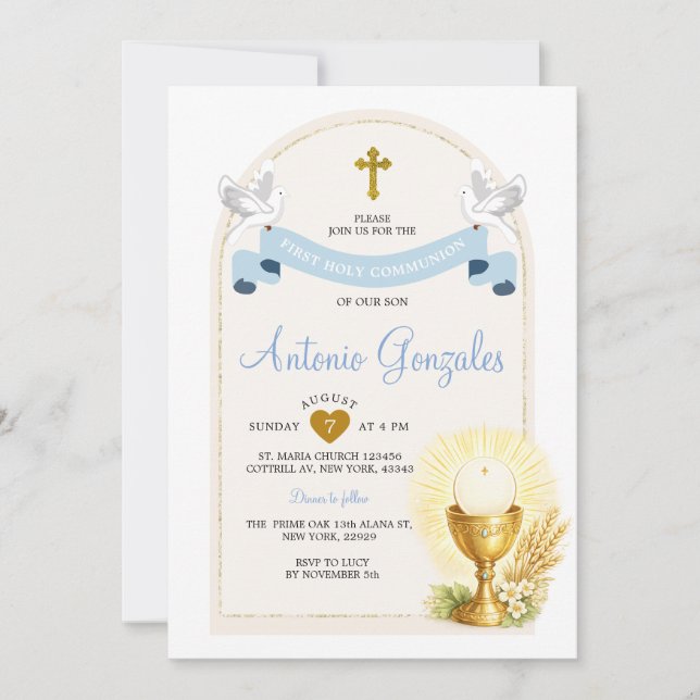 Convites Blue First Holy Communion Invitation (Frente)