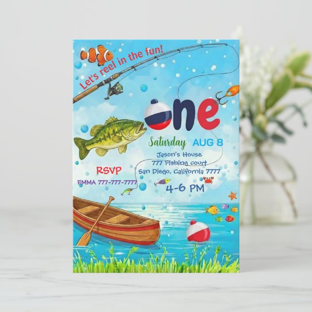 Convites Blue Fish Boat Ofishally One 1st Birthday Invitati (Em pé/Frente)