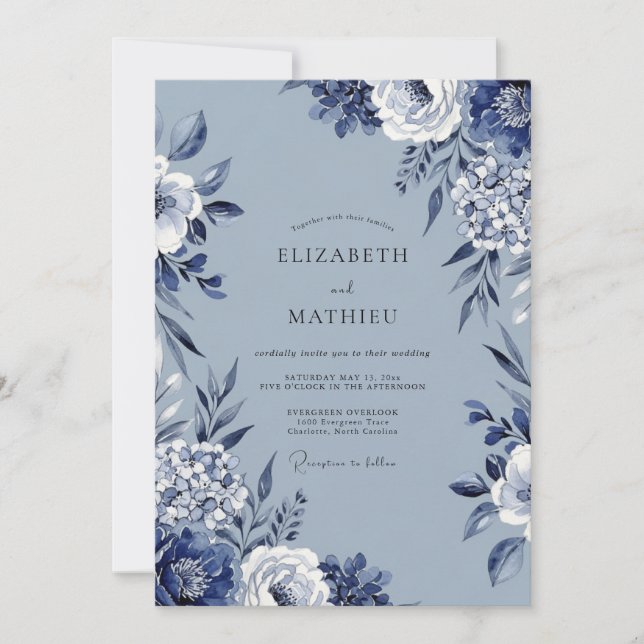 Convites Blue Floral Artistic Flourish Wedding (Frente)