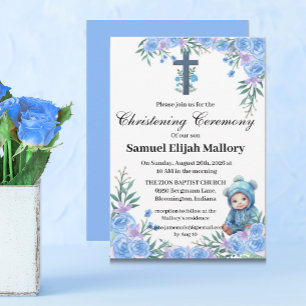 Convites Blue Floral Baby Boy Christening/Baptism