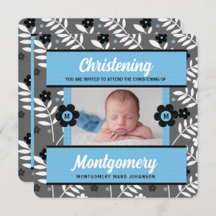 Convites Blue Floral Baby Christening com foto