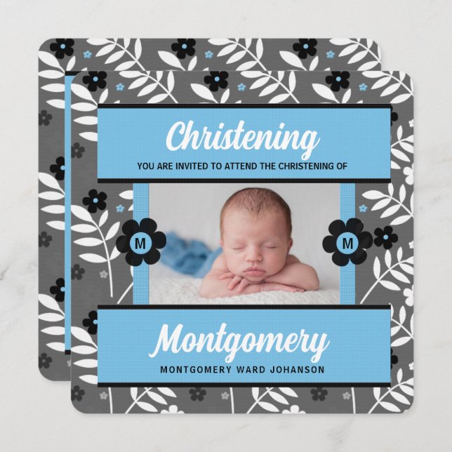 Convites Blue Floral Baby Christening com foto (Frente/Verso)