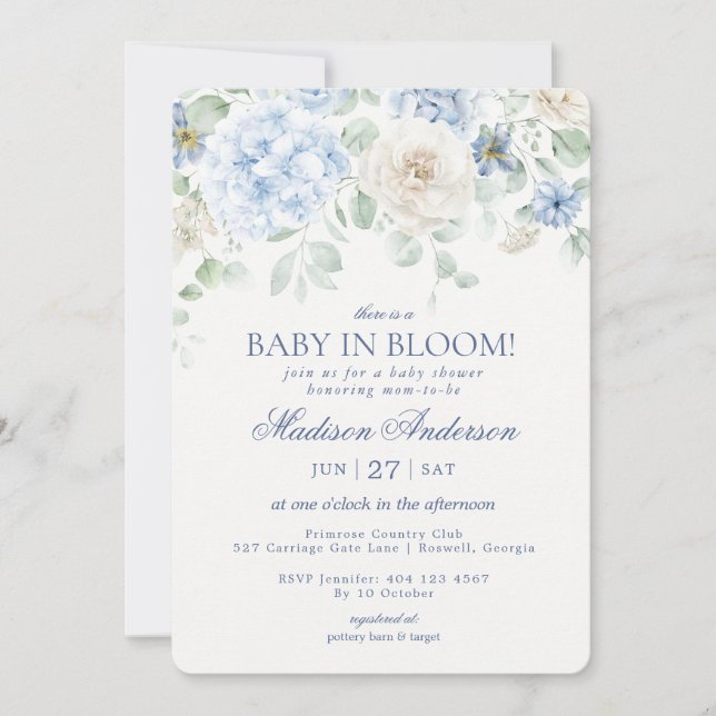 Convites Blue Floral Baby in Bloom Hydrangea Chá de fraldas (Frente)