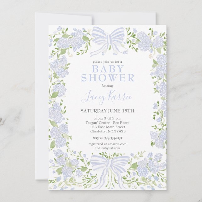 Convites Blue Floral Baby Shower Invitation,  (Frente)