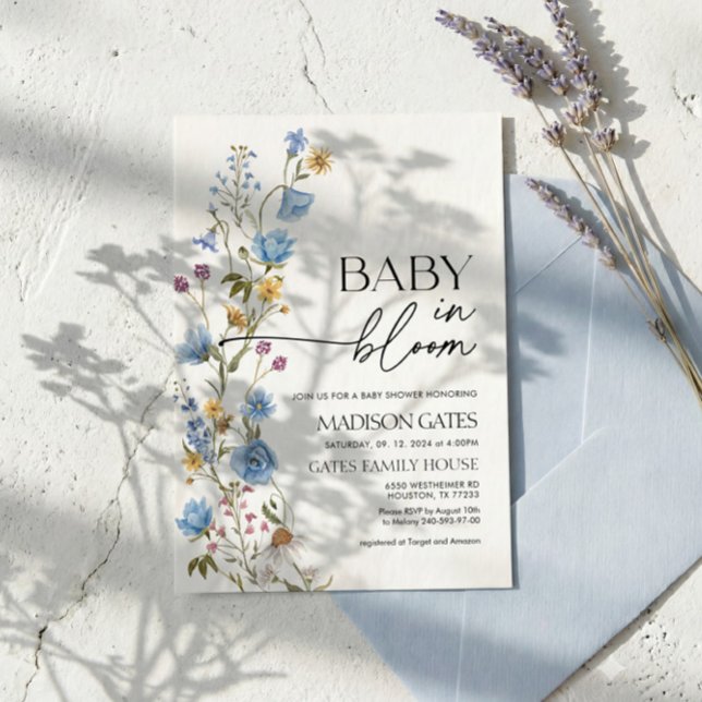 Convites Blue Floral Baby Shower Invitation, Baby in Bloom  (Criador carregado)