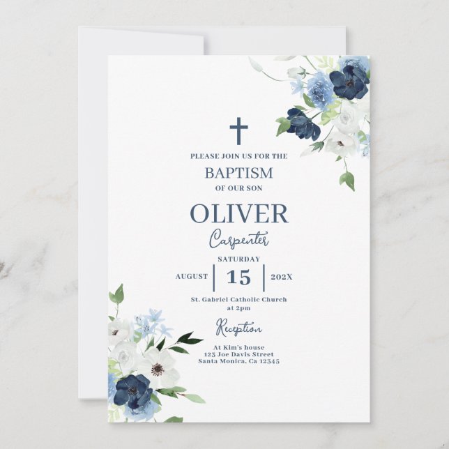 Convites Blue Floral Baptism Boy (Frente)