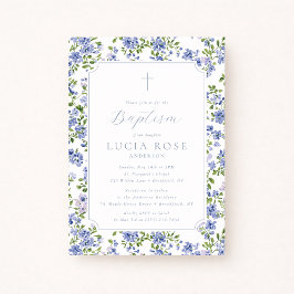 Convites Blue Floral Baptism Invitation for Girl
