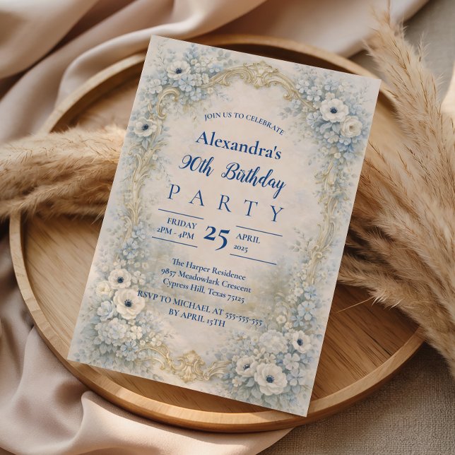 Convites Blue Floral Baroque Frame 90th Birthday (Criador carregado)