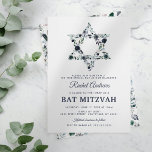 Convites Blue Floral Bat Mitzvah<br><div class="desc">Convite para comemoração Elegante mitzvah com um simples fundo branco que pode ser mudado para qualquer cor,  uma estrela azul-aquática floral de david,  e um modelo moderno bat mitzvah que é fácil de personalizar.</div>