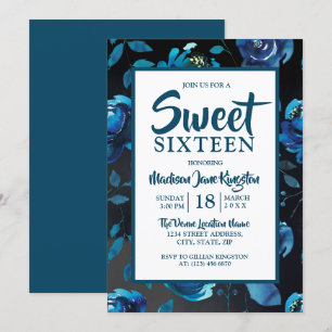 Convites Blue Floral Black Elegant Sweet 16 da meia-noite C