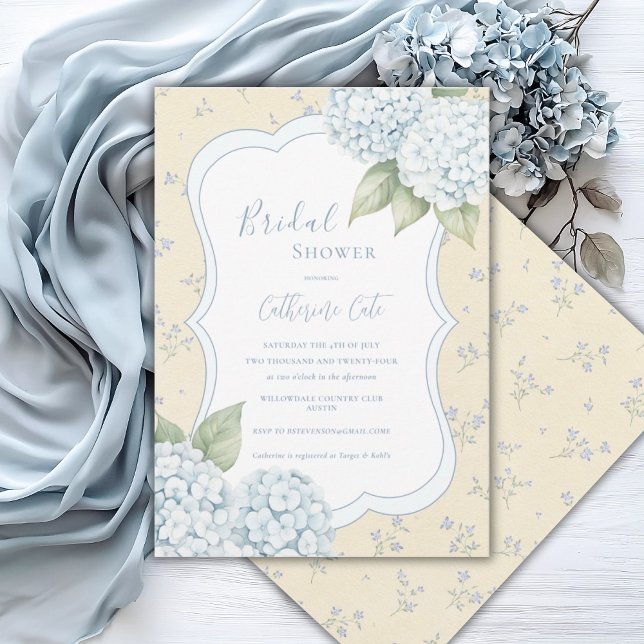 Convites Blue Floral Blue Hydrangea Yellow Bridal Shower  (Criador carregado)