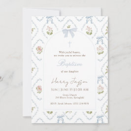 Convites Blue Floral Bow Elegant Christian Girl Baptism