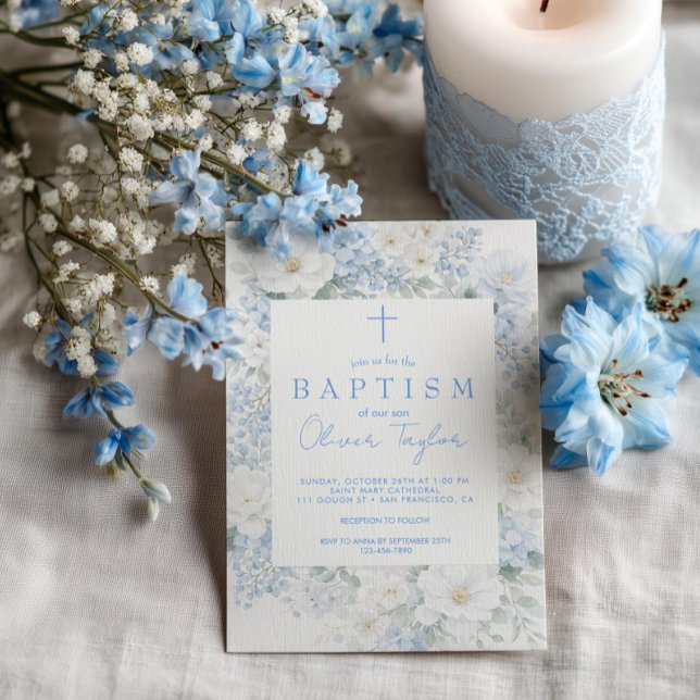 Convites Blue Floral  Boy  Baptism (Criador carregado)
