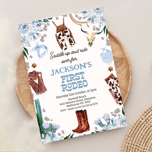 Convites Blue Floral Boys First rodeo primeiro aniversario (Boy First Rodeo 1st Birthday Invitation, Blue Floral Cowboy 1st Birthday Invitation, Western Themed)