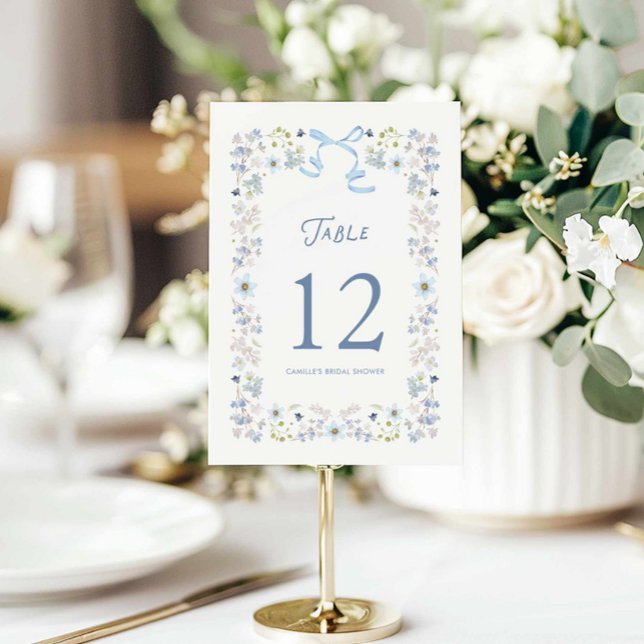 Convites Blue Floral Bridal Shower Table Number Card (Blue Bow and Floral Table Number Card)