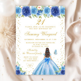 Convites Blue Floral Brunette Hair Princess Festa de aniver
