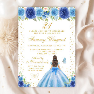 Convites Blue Floral Brunette Hair Princess Festa de aniver
