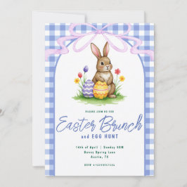 Convites Blue Floral Bunny Watercolor Gingham Ribbon Easter