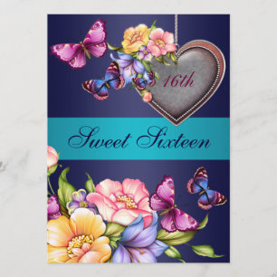 Convites Blue Floral Butterfly Sweet16 Birthday Invite