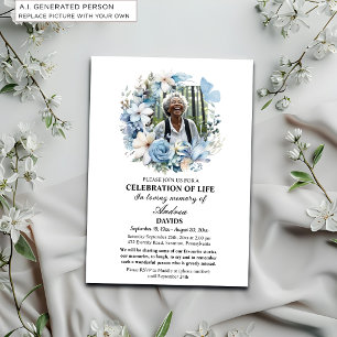 Convites Blue Floral Celebration Of Life 1 Photo Funeral