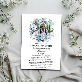 Convites Blue Floral Celebration Of Life 1 Photo Funeral