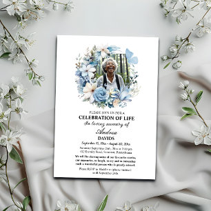 Convites Blue Floral Celebration Of Life 1 Photo Funeral