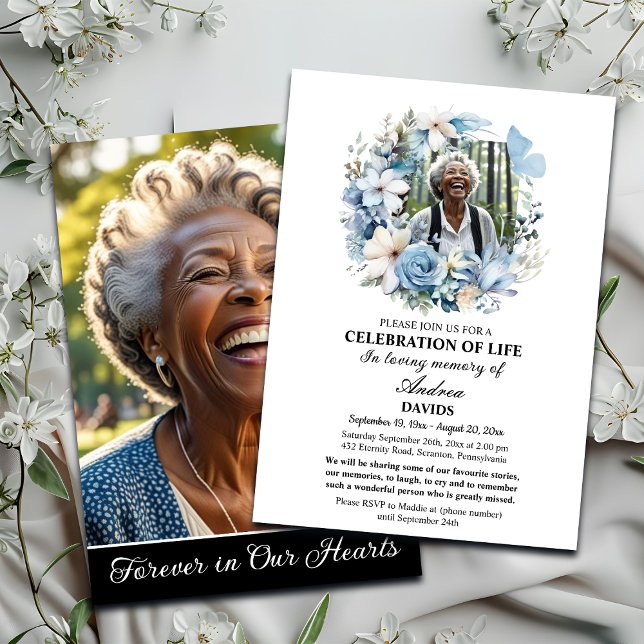Convites Blue Floral Celebration Of Life 2 Photos Funeral  (Criador carregado)